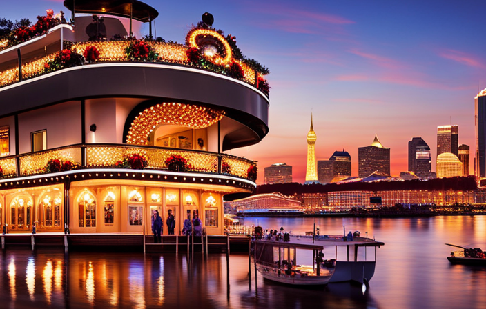 An image showcasing a luxurious riverboat adorned with twinkling lights, gliding along the Lower Mississippi