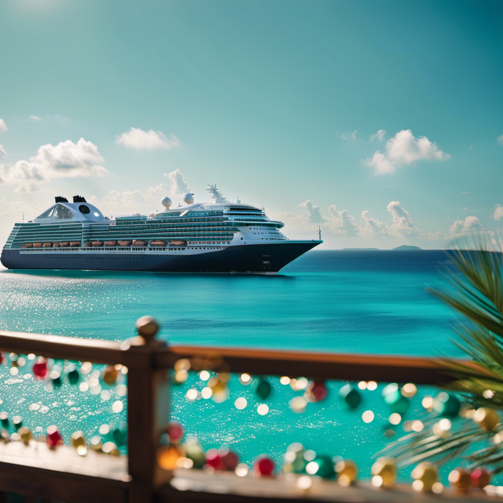 An image showcasing a luxurious cruise ship sailing through crystal-clear turquoise waters of the Caribbean, adorned with festive holiday lights