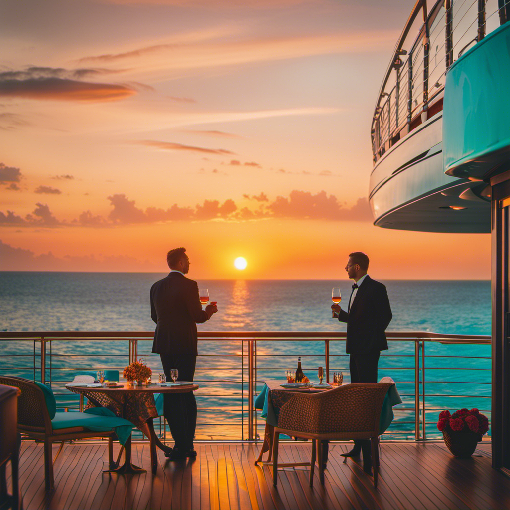 An image showcasing a luxurious cruise ship sailing through crystal-clear turquoise waters, with vibrant orange and yellow sunset hues painting the sky