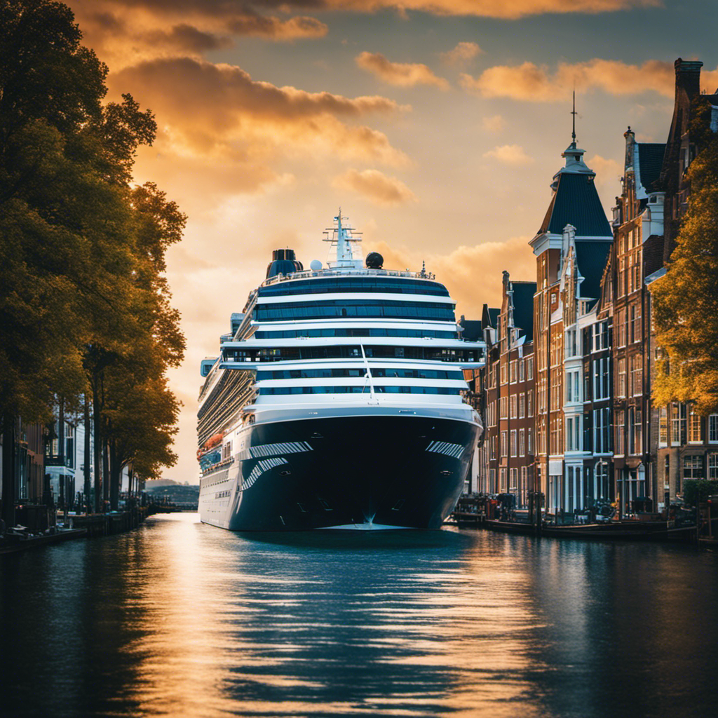 An image showcasing a majestic Holland America Line cruise ship sailing through crystal-clear waters, adorned with vibrant traditional Dutch artwork on its hull