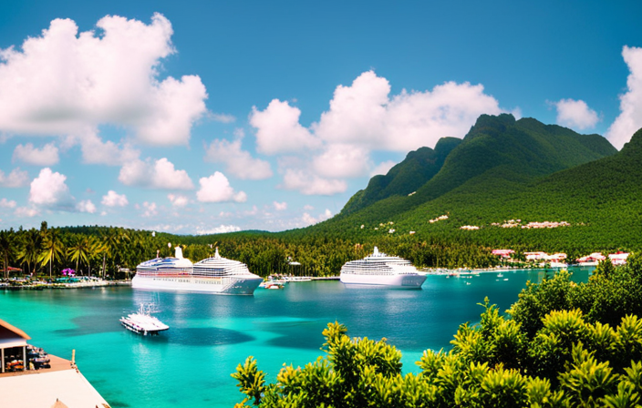 An image of a luxurious cruise ship docked at a picturesque Caribbean port, surrounded by vibrant tropical foliage and crystal-clear turquoise waters