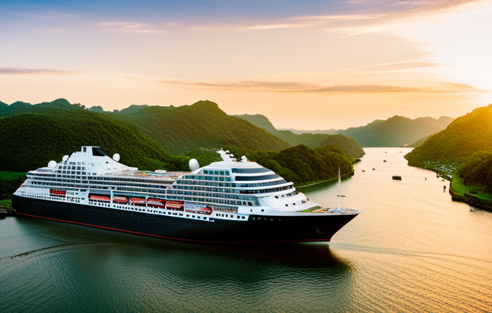 An image showcasing a luxurious Holland America Line cruise ship gliding through the iconic Panama Canal, surrounded by lush tropical landscapes, towering locks, and shimmering blue waters