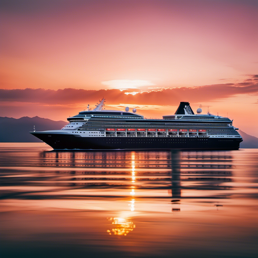 An image showcasing a magnificent cruise ship sailing through a vibrant sunset horizon, adorned with the iconic Holland America Line logo, commemorating their 150th anniversary with extended legendary voyages