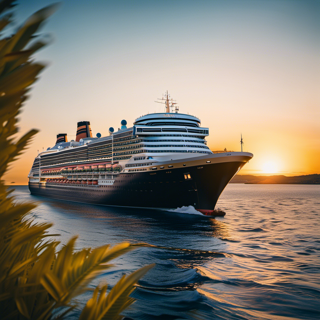 An image portraying a grand ocean liner adorned with elegant details, gliding through pristine blue waters under a golden sunset