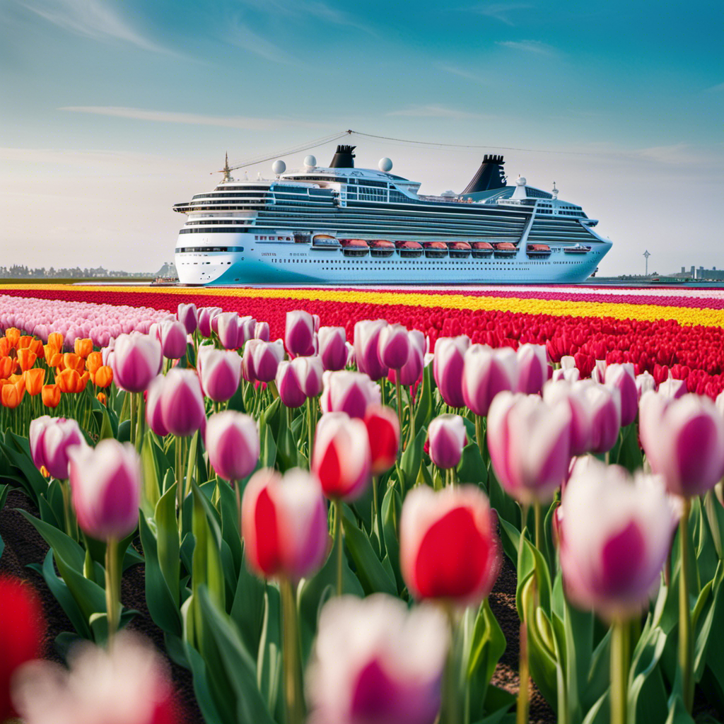 An image capturing the majestic Nieuw Statendam cruise ship, adorned with elegant white exteriors, sailing through crystal-clear turquoise waters, while the vibrant colors of Holland's tulip fields paint the background