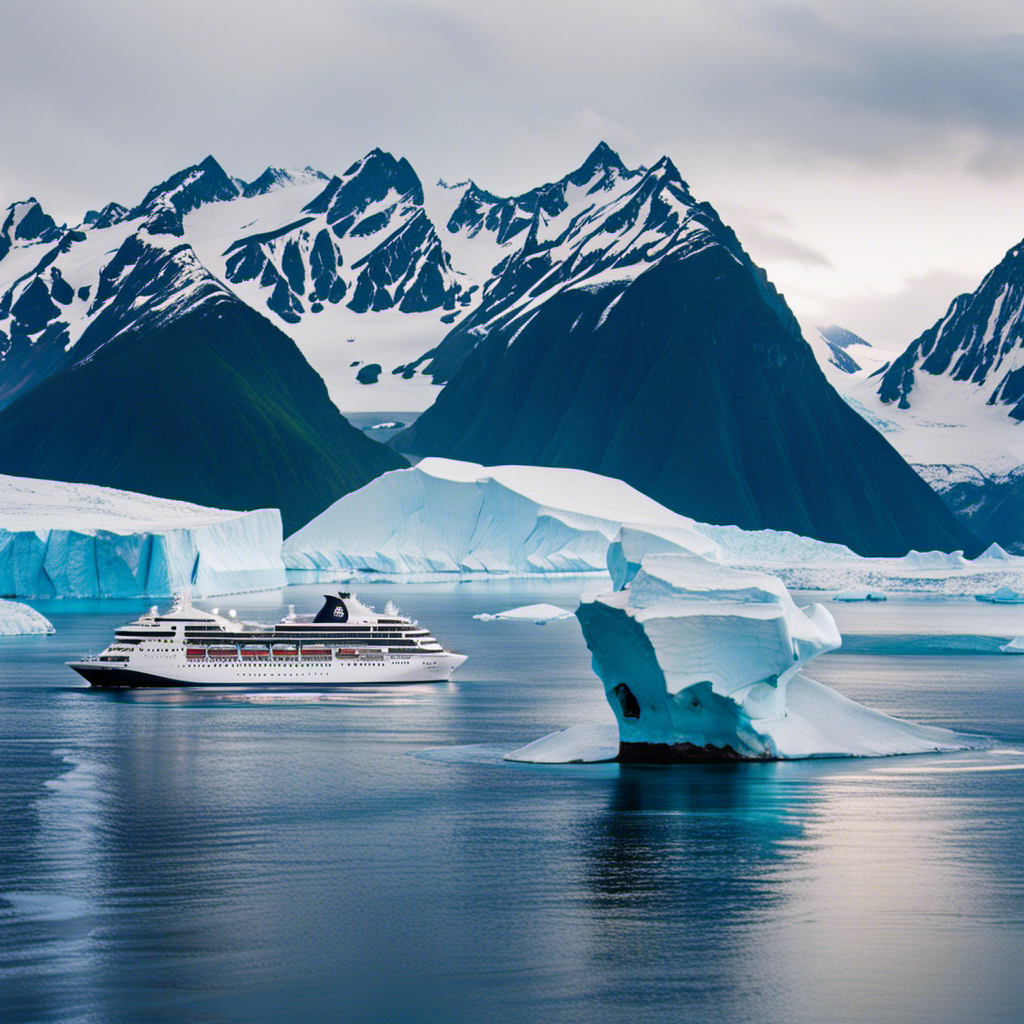 the awe-inspiring beauty of Alaska's icy wonderland as a majestic Holland America Line cruise ship glides through the crystal-clear waters, surrounded by towering snow-capped mountains and breaching humpback whales