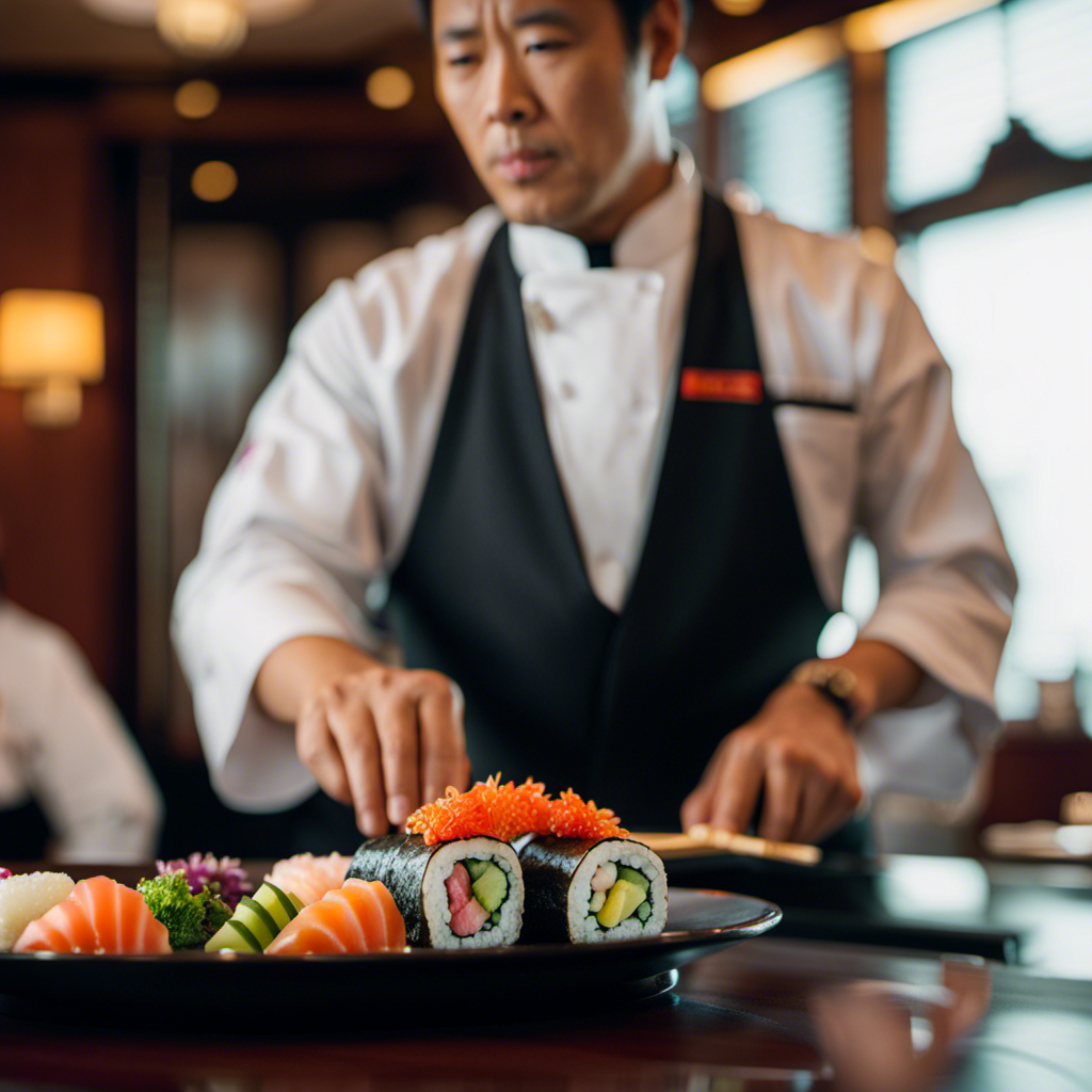 An image of a luxurious cruise ship adorned with elegant Japanese-inspired decor, featuring Holland America Line's logo subtly incorporated