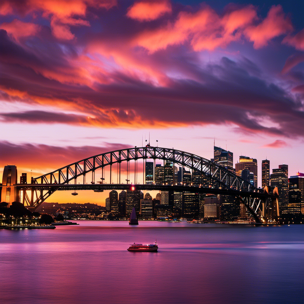 An image showcasing the vibrant sunset over Sydney's iconic Harbour Bridge, with Holland America Line's majestic cruise ship gliding through the sparkling waters, signifying the exhilarating return to cruising in Australia