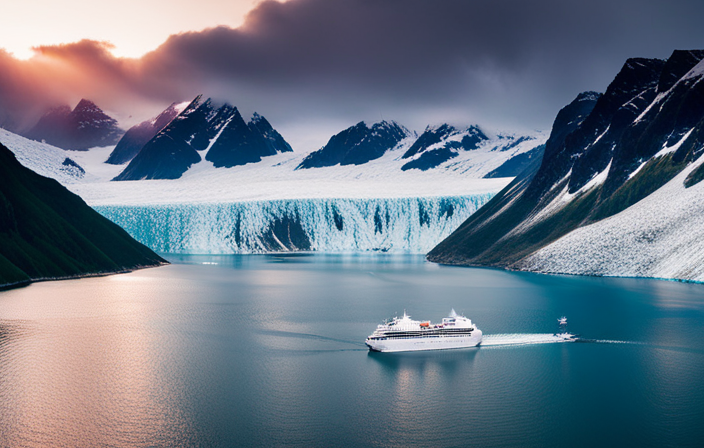 An image showcasing the majestic beauty of Alaska's icy fjords, with Holland America Line's brand new ship gracefully sailing amidst towering glaciers, surrounded by breaching humpback whales and soaring eagles