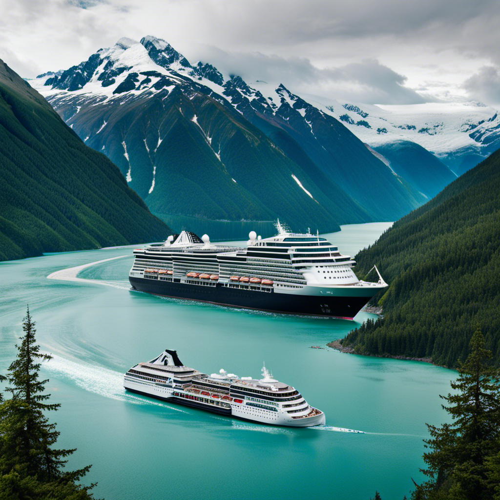 An image showcasing a majestic glacier in the background with Holland America Line's luxurious cruise ship sailing through the pristine waters of Alaska, surrounded by breathtaking mountains and lush forests