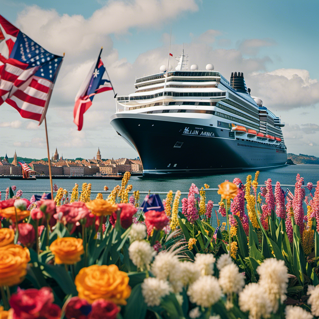 An image capturing the essence of Holland America Line's Historic Anniversary Celebration: a grand cruise ship adorned with vibrant flags, sailing through a picturesque Dutch landscape, with cheerful passengers enjoying live music and fireworks