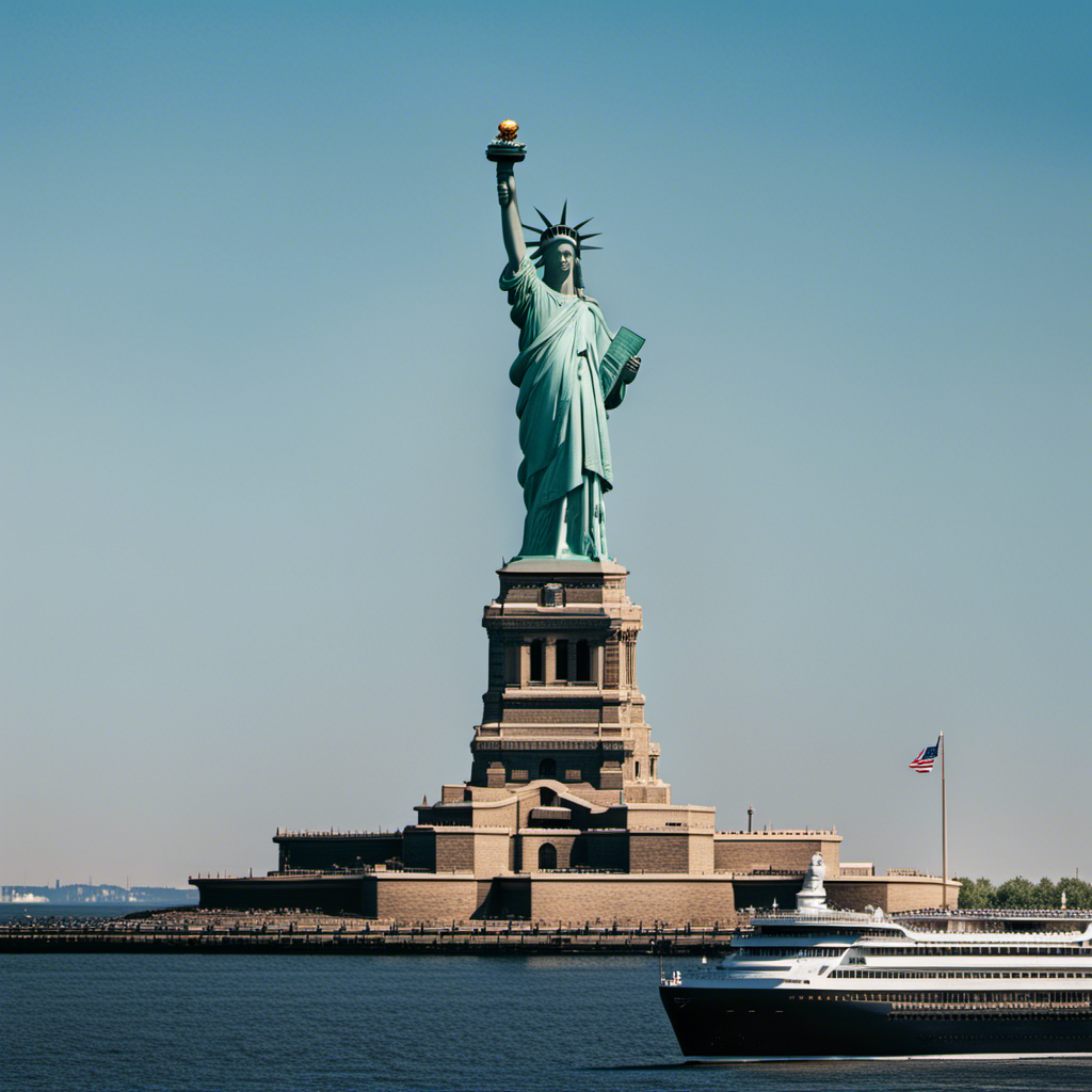 An image showcasing the iconic Statue of Liberty standing tall against the backdrop of a majestic Holland America Line cruise ship, symbolizing their historic partnership and shared commitment to preserving the heritage of Ellis Island