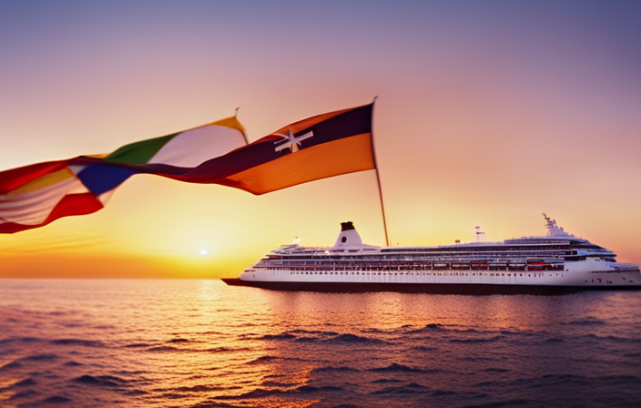 An image showcasing Holland America Line's illustrious past: a vintage ship sailing through a vibrant sunset, adorned with flags of various nations, while passengers in period attire revel in opulent luxury on deck