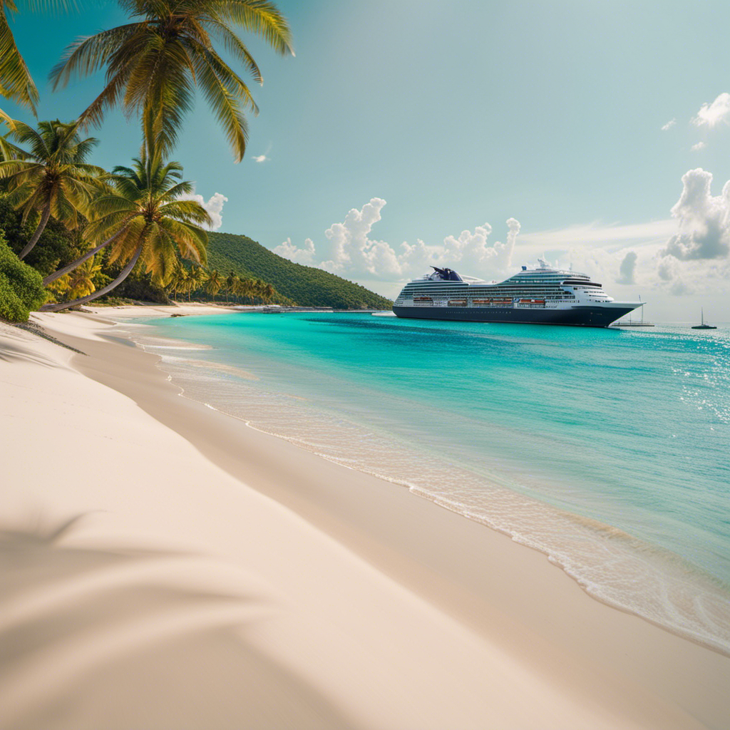 An image showcasing a vibrant Caribbean beach with crystal-clear turquoise waters, palm trees swaying in the gentle breeze, a Holland America cruise ship anchored nearby, and a radiant sun illuminating the scene