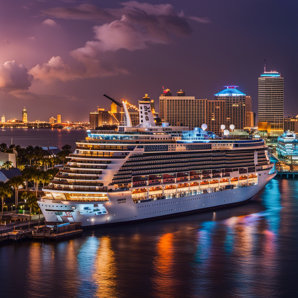 An image displaying a bustling Tampa port, with Holland America's majestic cruise ship sailing away in the distance