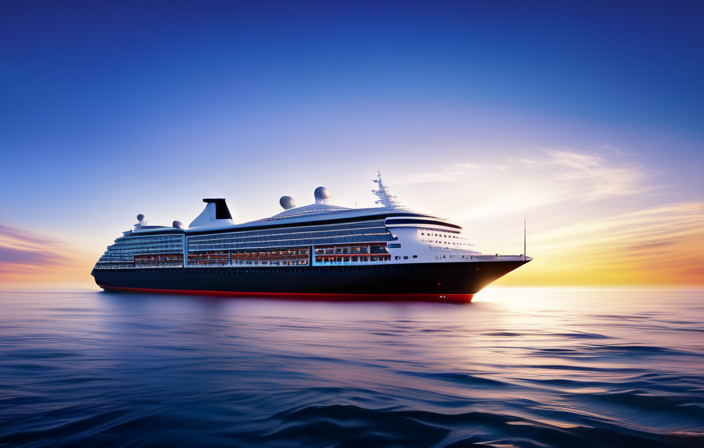An image capturing the elegance of Holland America's iconic Transatlantic Voyages: a grand ship gliding through deep blue waters, adorned with crisp white sails, as a golden sunset paints the sky