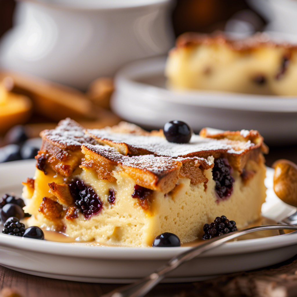 An image showcasing a luscious golden Bread & Butter Pudding, gently steaming with a rich vanilla aroma