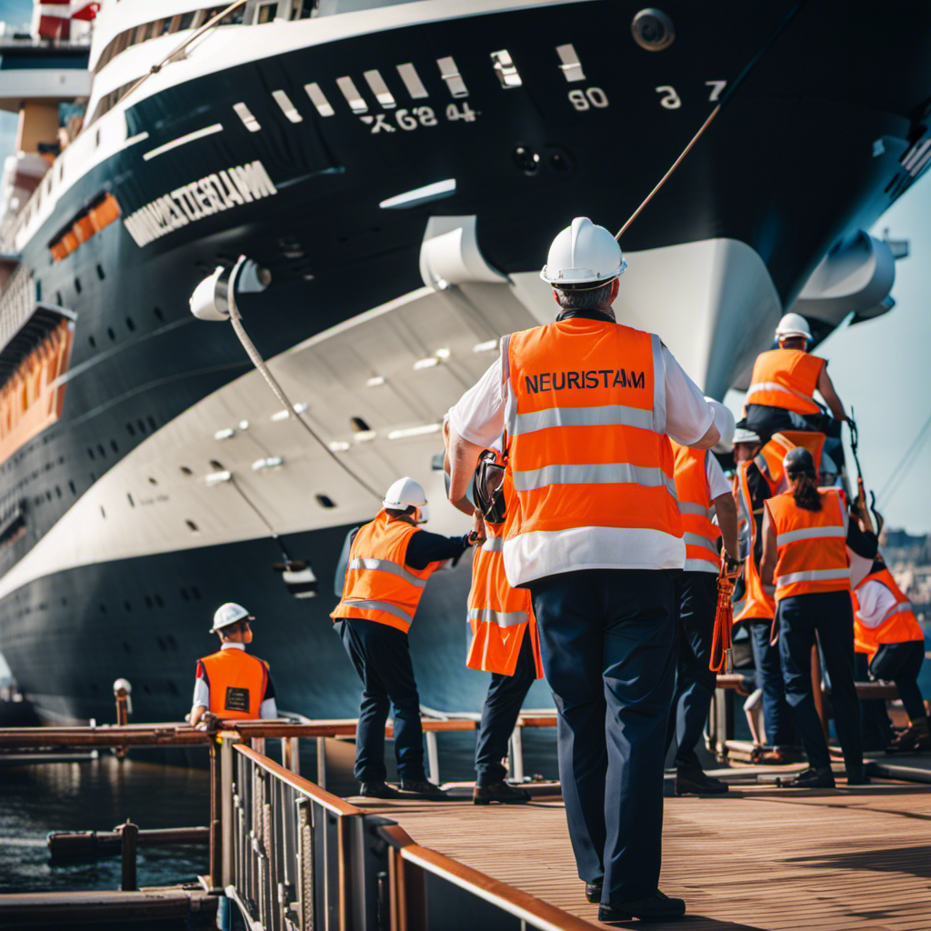 An image that showcases the majestic Nieuw Amsterdam ship, docked in a picturesque harbor, surrounded by a team of engineers in orange vests diligently working on its propulsion system, ensuring a smooth sailing experience for future voyages