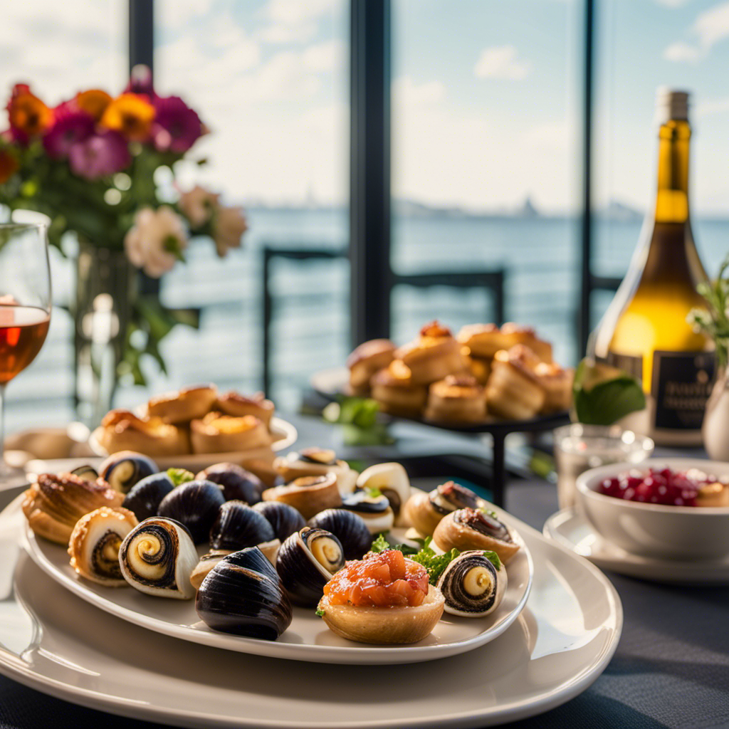the essence of Holland America's Sel De Mer Pop-Up with an image showcasing a vibrant French cuisine spread: a platter of escargots, a tower of buttery croissants, a delicate crème brûlée, and a glass of fine wine
