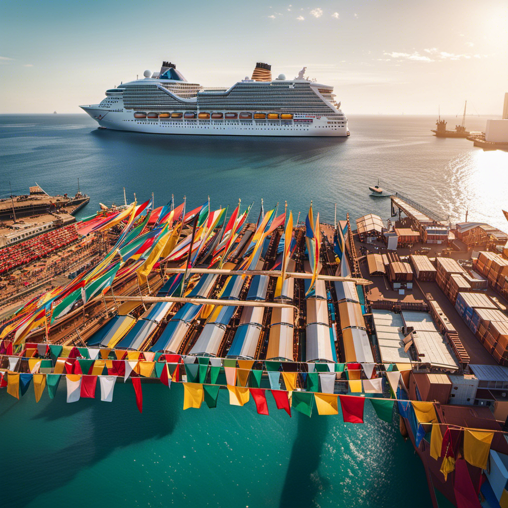 An image depicting a bustling port adorned with colorful banners, as a magnificent cruise ship awaits essential workers