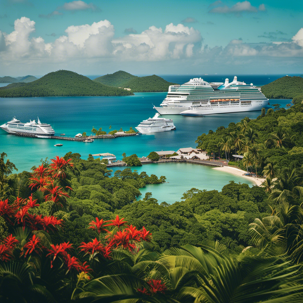 An image capturing the vibrant essence of Honduras' growing prominence in cruise tourism: a turquoise Caribbean coastline adorned with docked luxury cruise ships, surrounded by lush tropical forests and the majestic Mayan ruins