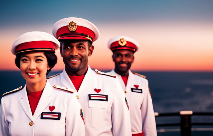 An image depicting a diverse group of Virgin Voyages crew members, clad in their uniforms, standing together on a ship's deck, radiating warmth and compassion, symbolizing the Shipload of Love campaign's celebration of unsung heroes