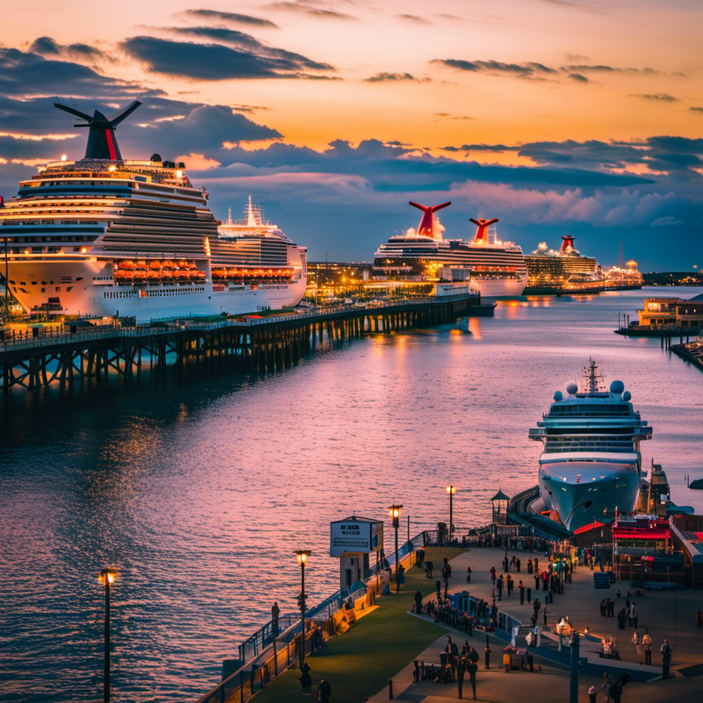 An image capturing the vibrant scene at the Galveston port, as majestic Carnival cruise ships gracefully glide back into their berths, symbolizing a promising resurgence for the cruise industry