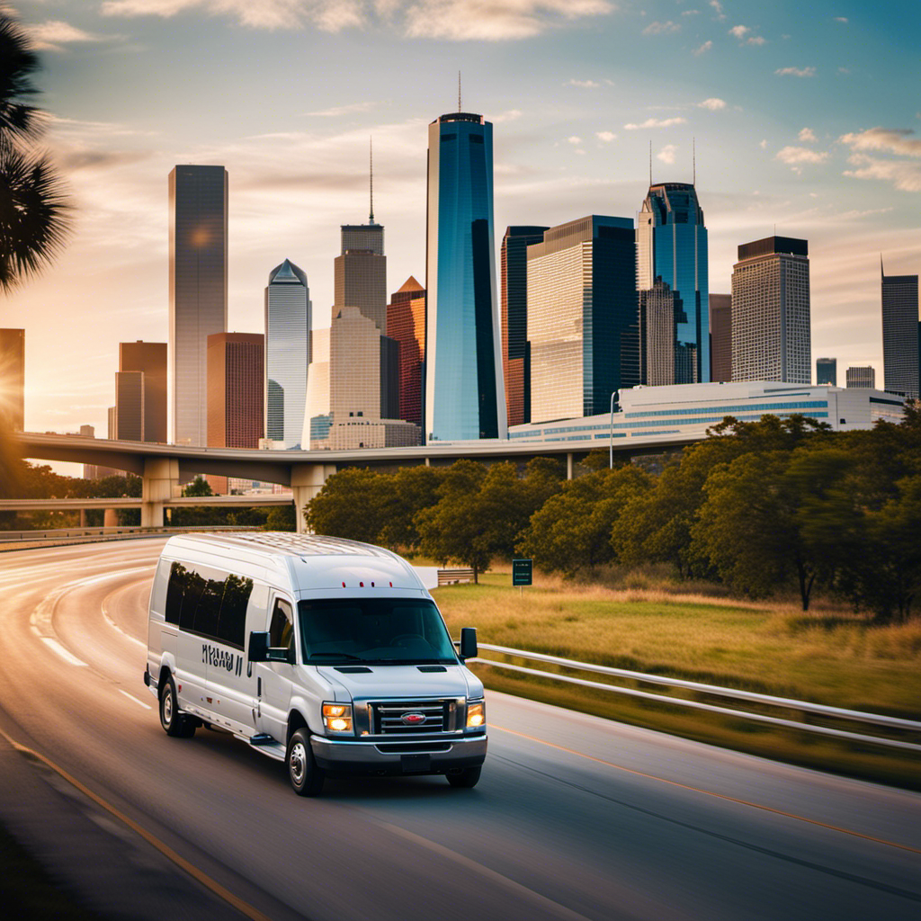 An image featuring a spacious shuttle van driving along a scenic highway, with the Houston skyline in the background