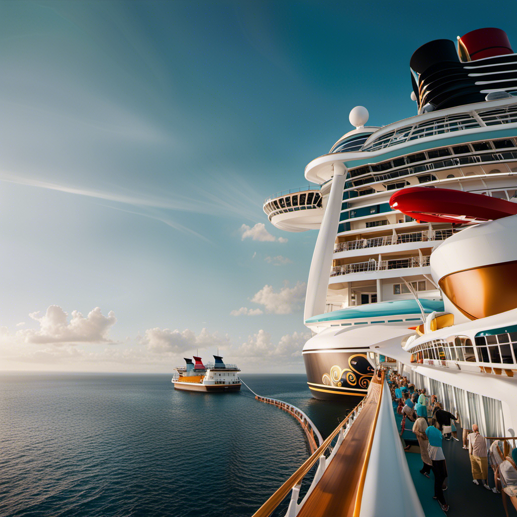 An image showcasing the majestic scale of Disney Cruise Ships: a colossal vessel adorned with vibrant character-themed exteriors, towering decks highlighted by sparkling pools, and a luxurious, sprawling layout that promises endless enchantment on the high seas