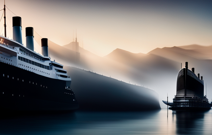 An image showcasing the colossal size difference between the majestic Titanic and a modern-day mammoth cruise ship, illustrating their contrasting silhouettes, towering smokestacks, and intricate designs