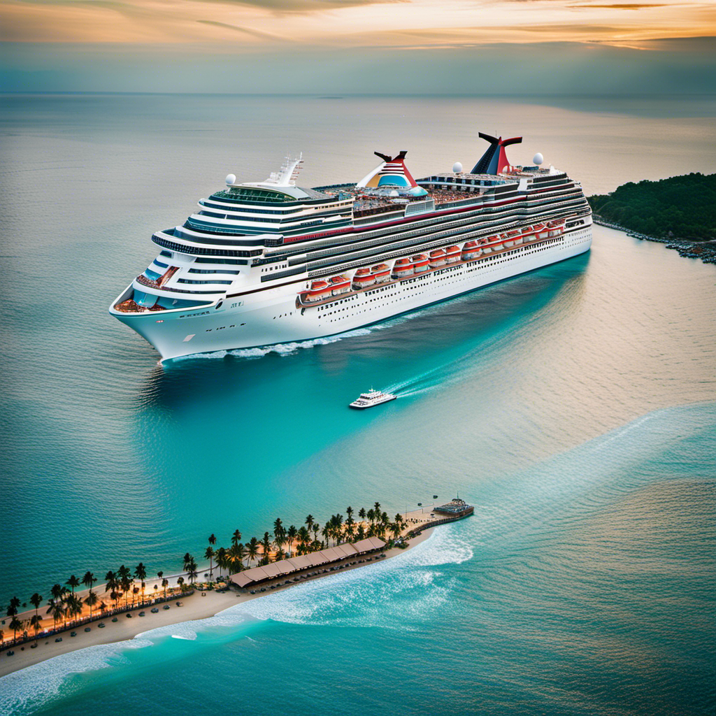 An image showcasing the colossal Carnival Magic Cruise Ship, towering above the calm turquoise waters, adorned with vibrant decks, numerous balconies, and a massive water park, evoking the allure of a floating city
