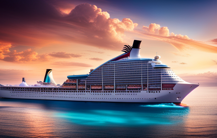 An image showcasing the colossal Mardi Gras cruise ship, towering above the coastline, adorned with vibrant colors and elaborate decorations, as its massive hull and countless decks captivate the horizon