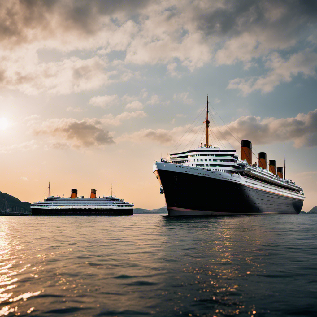 An image that showcases the colossal scale of the Titanic against modern cruise ships, highlighting the vast difference in size through a side-by-side comparison of their towering hulls, immense decks, and dwarfed lifeboats