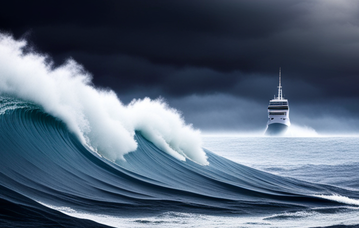 An image of a colossal cruise ship gracefully navigating through tumultuous, towering waves amidst a stormy sea