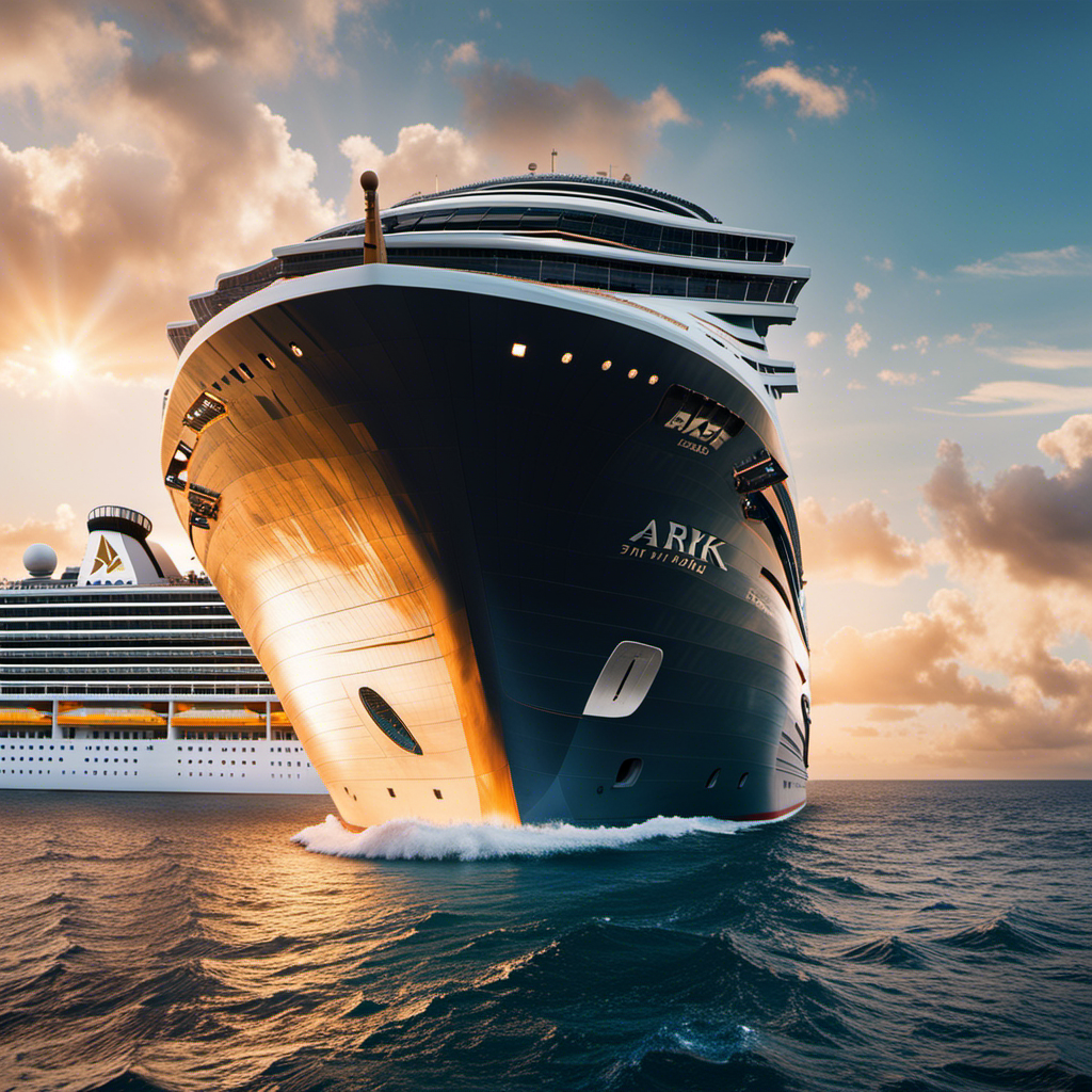 An image showcasing the Ark's colossal size by juxtaposing it against a modern cruise ship