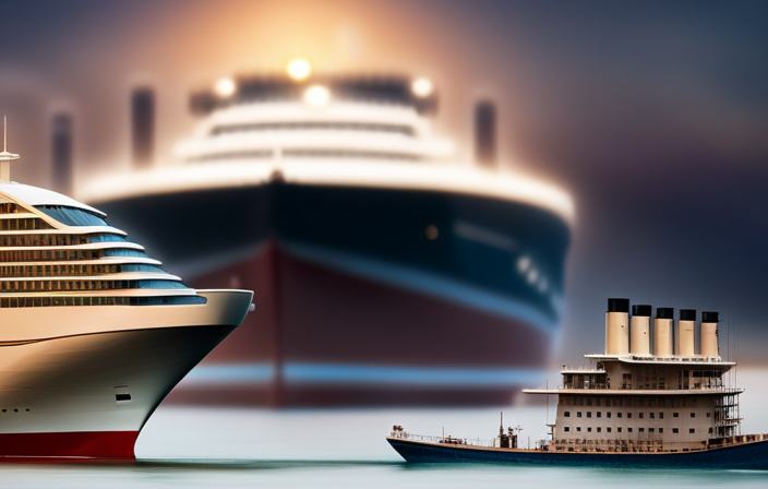 An image showcasing the colossal size difference between the Titanic and a modern cruise ship