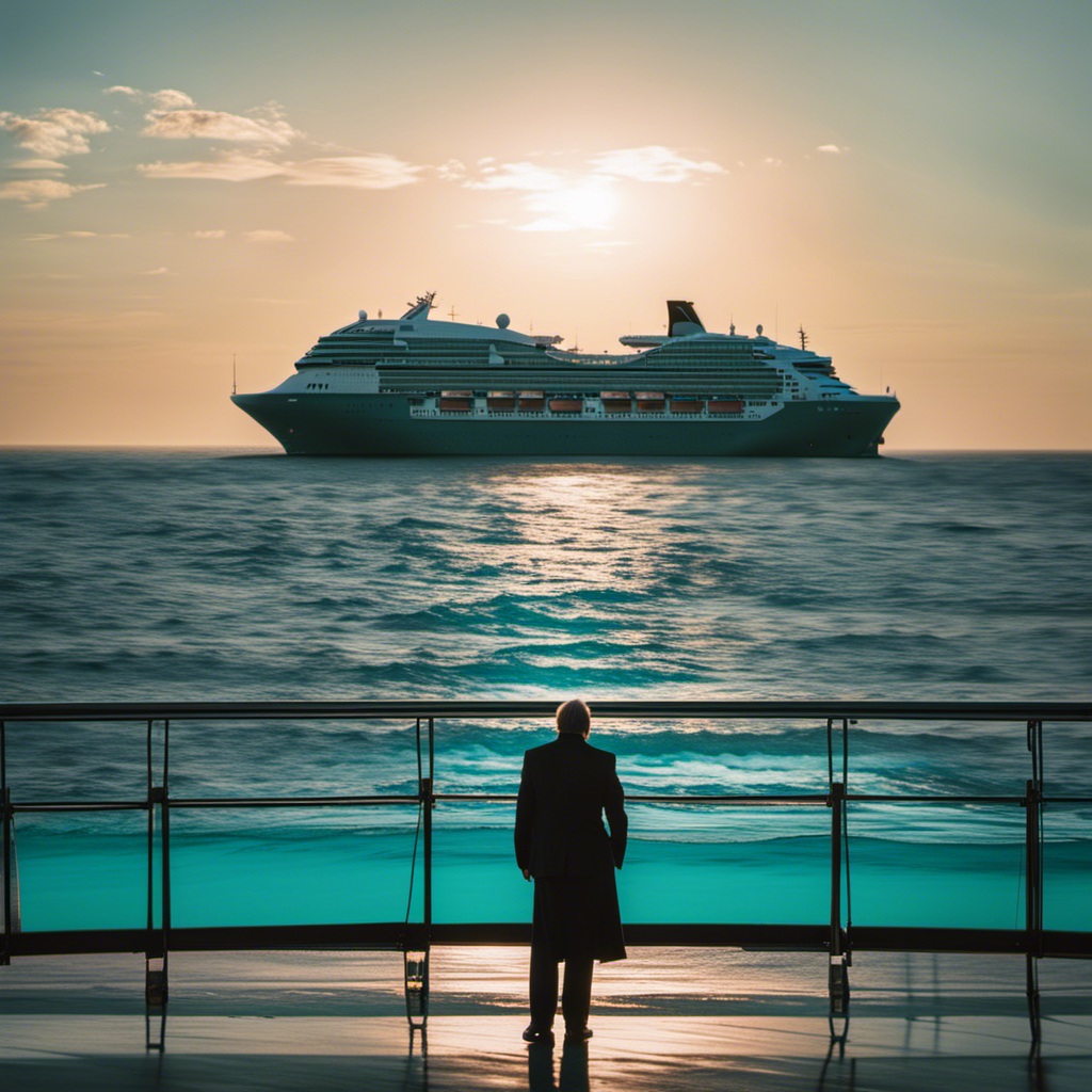 Kissed horizon engulfs a vast turquoise expanse, framing a towering cruise ship sailing majestically