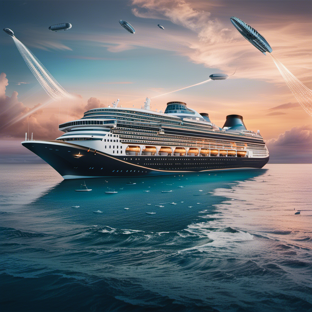 An image depicting a bustling cruise ship surrounded by a network of invisible communication waves