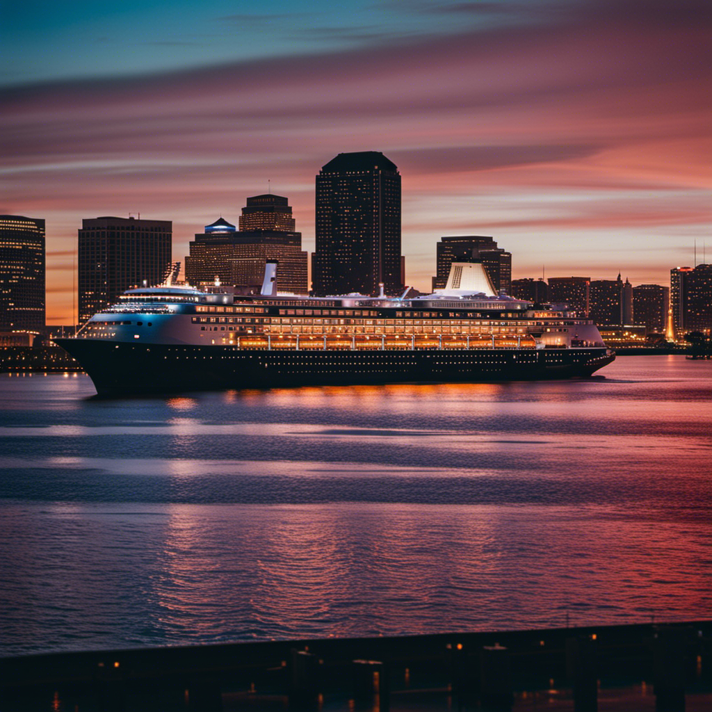 An image that captures the twilight hues over New Orleans' port, showcasing a majestic cruise ship slowly gliding through the mighty Mississippi River, surrounded by lively jazz tunes and vibrant Creole culture