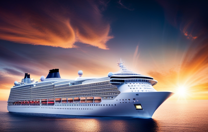 An image showcasing a bustling cruise ship, adorned with vibrant decks, colorful entertainment venues, luxurious suites, and a lively casino