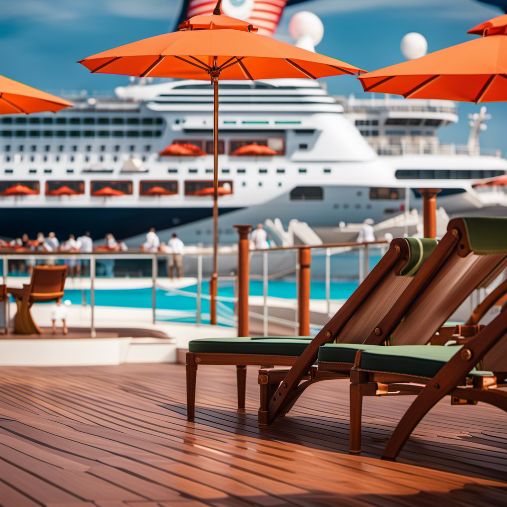 An image showcasing an elegant and spacious cruise ship deck, adorned with vibrant umbrellas, where a confident individual approaches a uniformed crew member