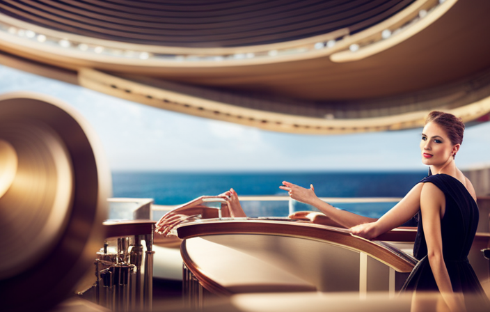 An image of a cruise ship deck, bustling with vibrant entertainment options: a grand theater showcasing dazzling performances, a lively band playing by the pool, an elegant lounge with live piano music, and guests joyfully mingling amidst the excitement