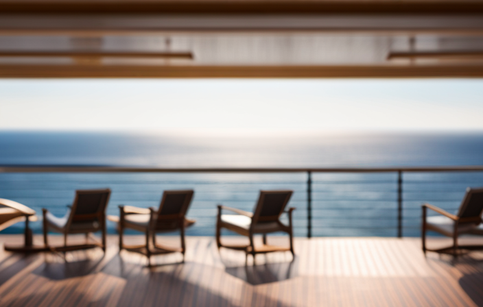 An image capturing the vast expanse of a luxurious cruise ship deck, filled with sun-soaked loungers and panoramic ocean views