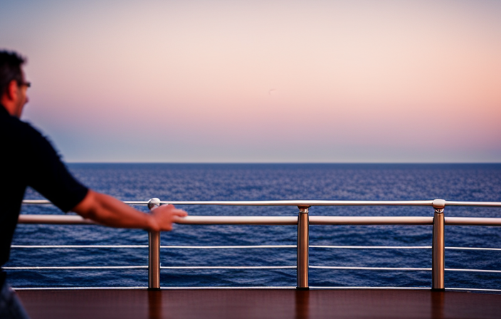An image that depicts a serene ocean view from a cruise ship's deck, with a lone figure leaning too far over the railing, their outstretched hand almost touching the sparkling water below