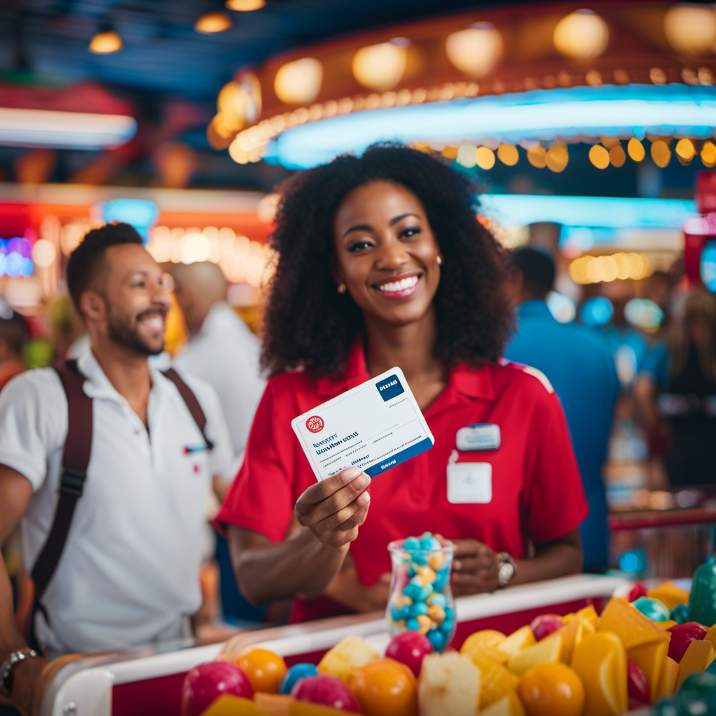 An image showcasing a smiling passenger on a Carnival Cruise, handing over their cruise card to a crew member at a vibrant onboard marketplace, surrounded by colorful merchandise, delectable food, and exciting entertainment options