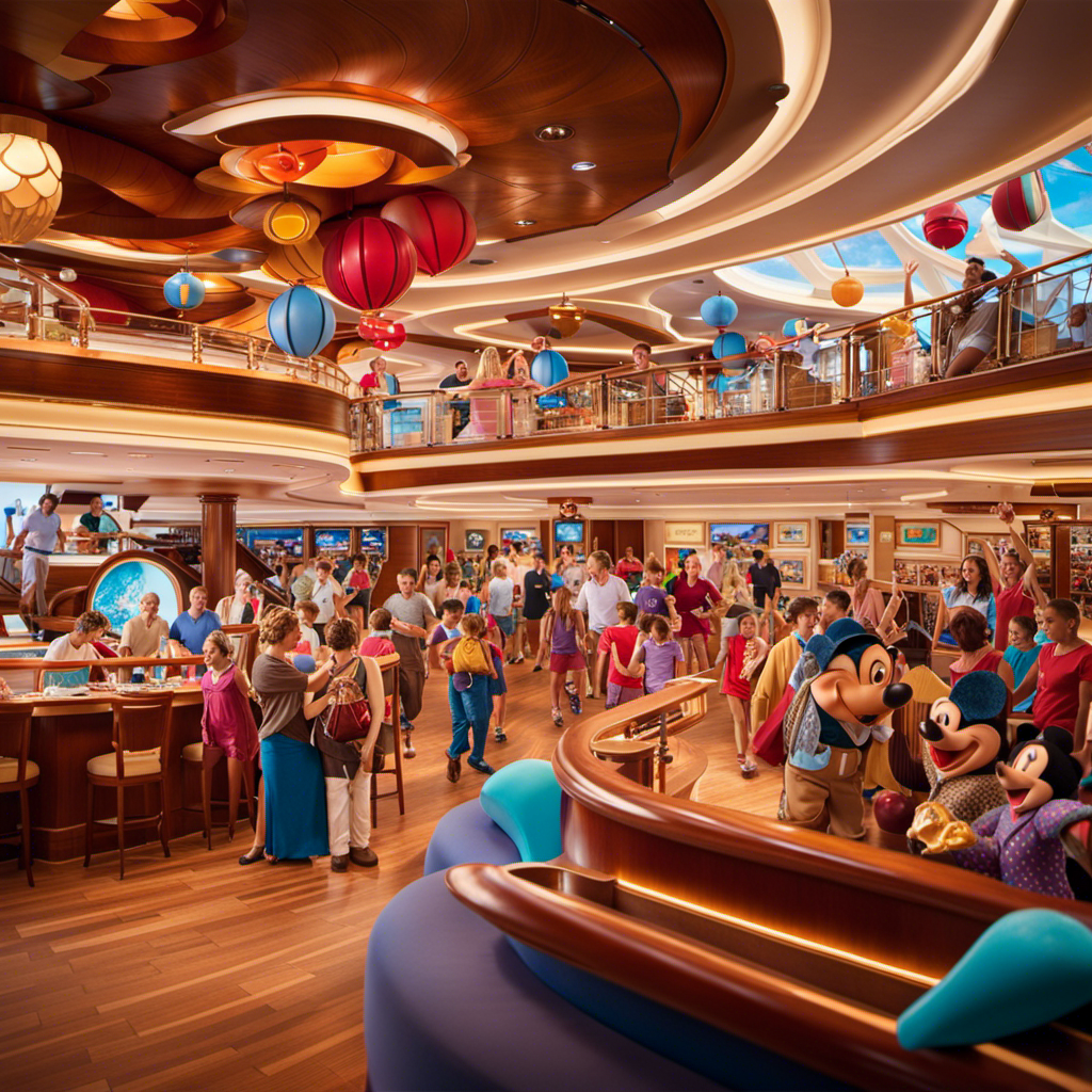 An image showcasing a vibrant Disney Cruise ship deck bustling with activity