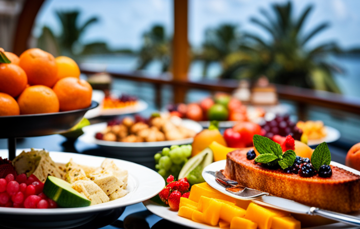 E an image capturing a lavish buffet spread aboard a cruise ship, adorned with an array of delectable delicacies from around the world, elegantly presented on gleaming silver platters amidst colorful garnishes and cascading fresh fruits