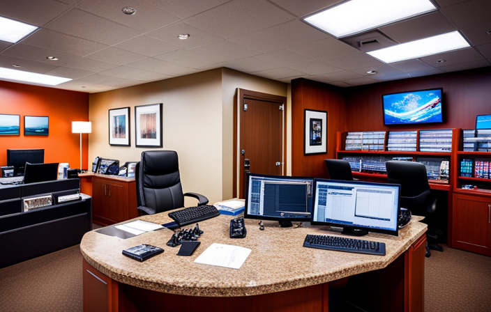 An image showcasing a vibrant, bustling travel agency office at Westgate Cruise and Travel