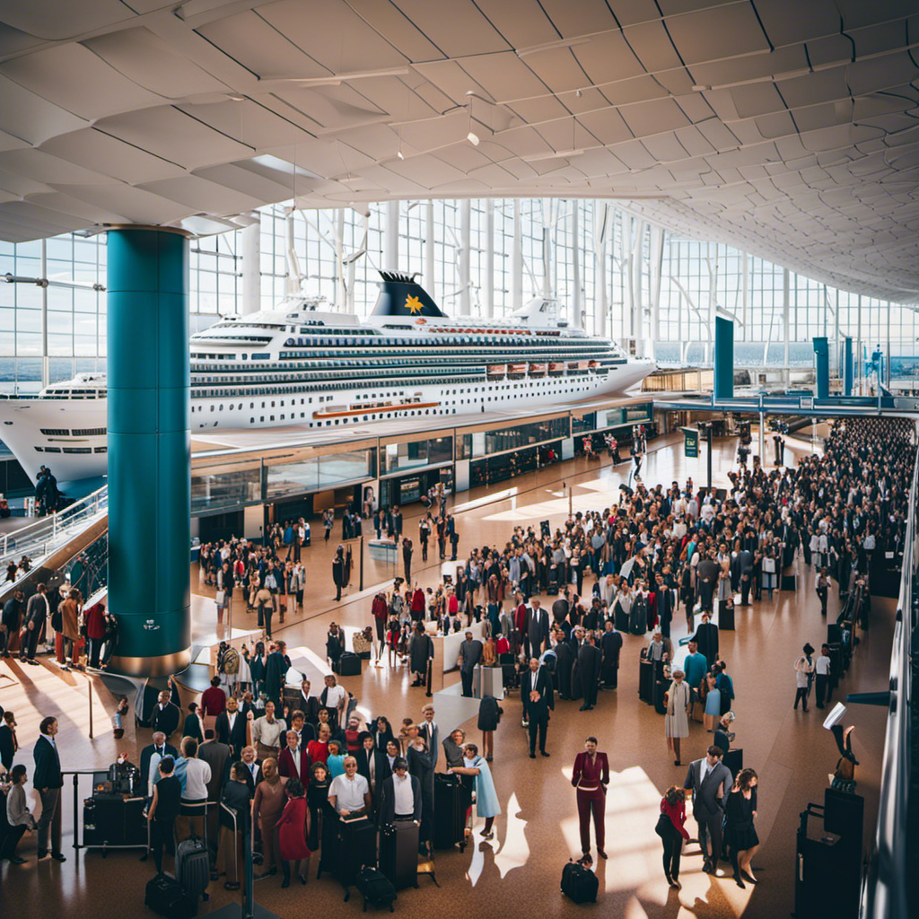 An image depicting a vibrant cruise ship terminal bustling with excitement