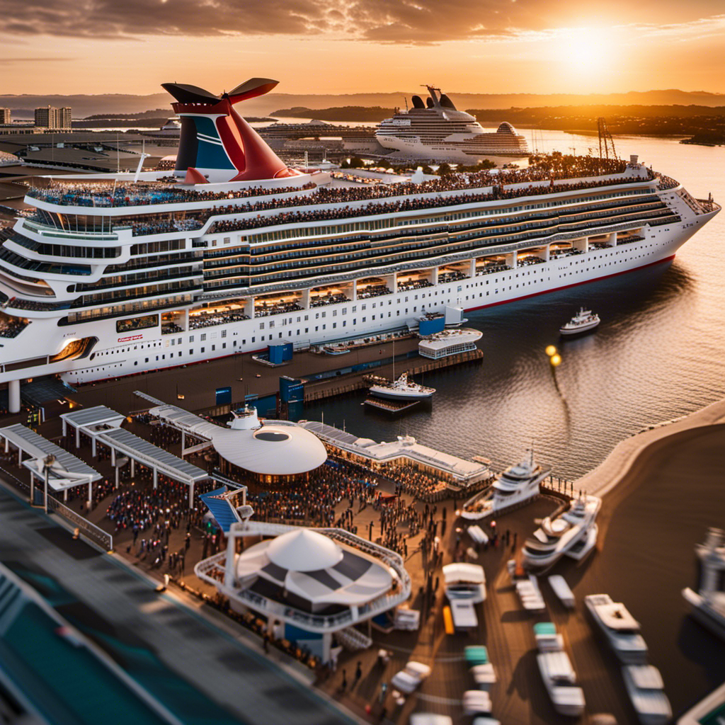 An image of a sunrise over a bustling cruise terminal, with a long queue of excited passengers waiting to embark on their Carnival cruise